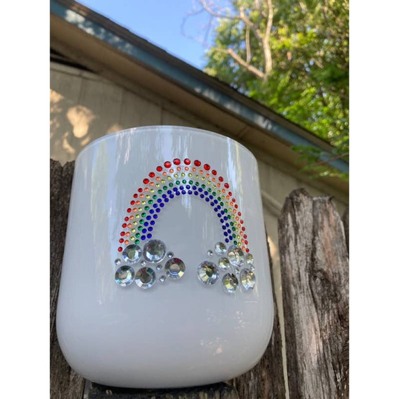 Large White Glass Rhinestone RAINBOW Vase - White Round Bling Planter - Picture 7 of 9